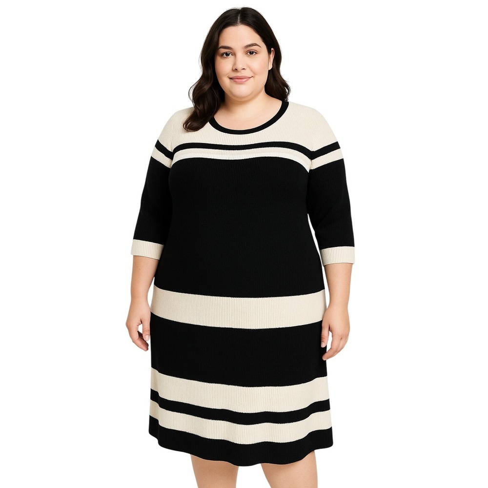 Mossimo Ribbed Dress 2XL‎ Grey Black White 3/4 Sleeve Striped Cozy Chic Casual